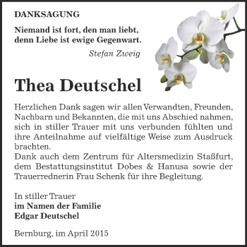 Traueranzeige von Thea Deutschel von Super Sonntag Bernburg