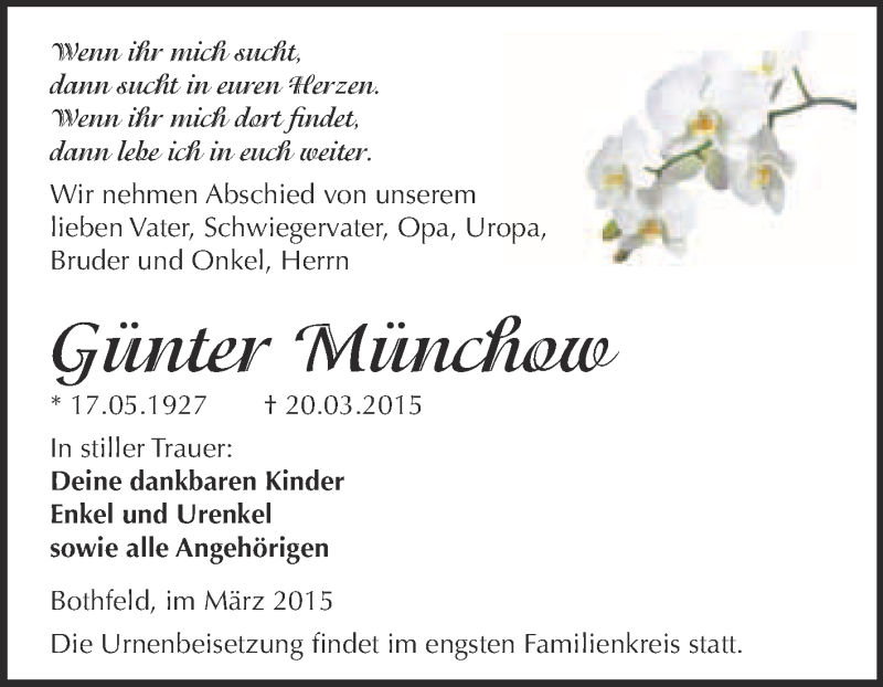  Traueranzeige für Günter Münchow vom 01.04.2015 aus WVG - Wochenspiegel Merseburg