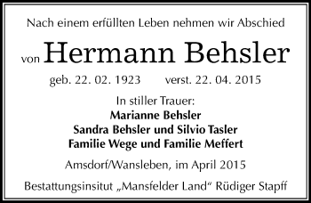 Traueranzeige von Hermann Behsler von Mitteldeutsche Zeitung Mansfelder Land