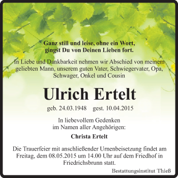 Traueranzeige von Ulrich Ertelt von Super Sonntag Quedlinburg