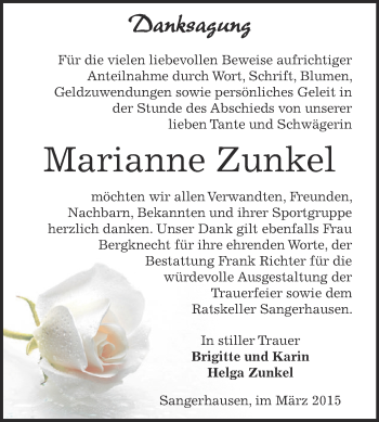 Traueranzeige von Marianne Zunkel von Super Sonntag SGH Mansf. Land