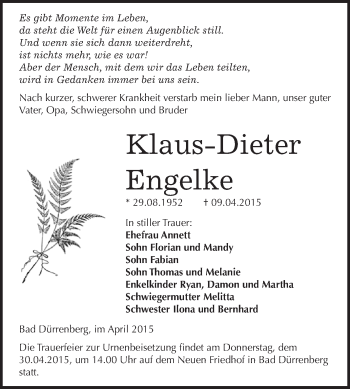 Traueranzeige von Klaus-Dieter Engelke von WVG - Wochenspiegel Merseburg