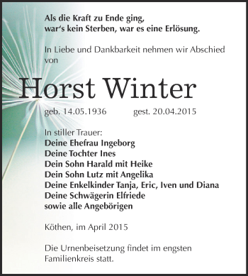 Traueranzeige von Horst Winter von WVG - Wochenspiegel Dessau / Köthen