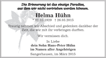 Traueranzeige von Helma Hühn von Super Sonntag SGH Mansf. Land