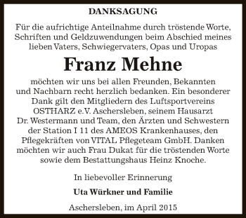 Traueranzeige von Franz Mehne von Super Sonntag Aschersleben