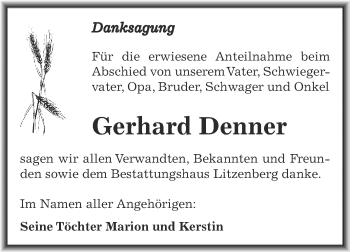 Traueranzeige von Gerhard Denner von Wochenspiegel Mansfelder Land