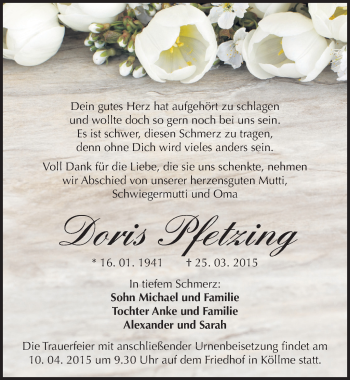 Traueranzeige von Doris Pfetzing von Mitteldeutsche Zeitung Halle/Saalkreis