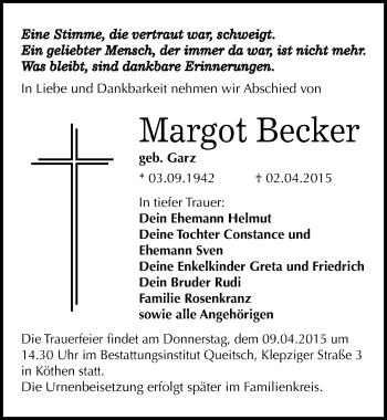 Traueranzeige von Margot Becker von Mitteldeutsche Zeitung Köthen