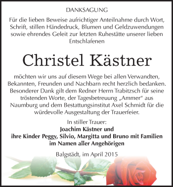 Traueranzeige von Christel Kästner von Mitteldeutsche Zeitung Naumburg/Nebra
