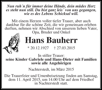 Traueranzeige von Hans Bauherr von Super Sonntag Aschersleben