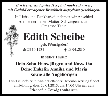 Traueranzeige von Edith Scheibe von WVG - Wochenspiegel Dessau / Köthen