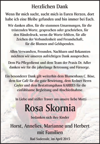Traueranzeige von Rosa Skornia von WVG - Wochenspiegel Quedlinburg