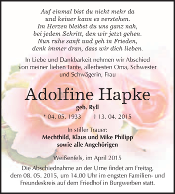 Traueranzeige von Adolfine Hapke von WVG - Wochenspiegel NMB / WSF / ZTZ