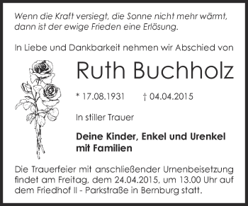 Traueranzeige von Ruth Buchholz von Super Sonntag Bernburg