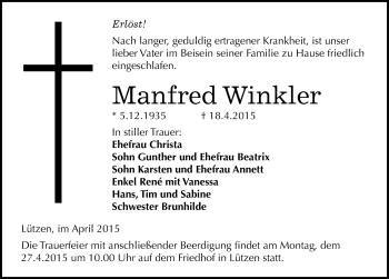 Traueranzeige von Manfred Winkler von Mitteldeutsche Zeitung Weißenfels