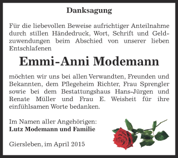 Traueranzeige von Emmi-Anni Modemann von Super Sonntag Aschersleben