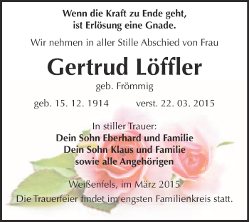 Traueranzeige von Gertrud Löffler von WVG - Wochenspiegel NMB / WSF / ZTZ