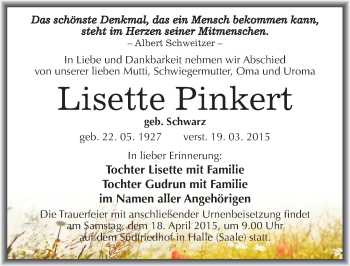 Traueranzeige von Lisette Pinkert von Mitteldeutsche Zeitung Halle/Saalkreis