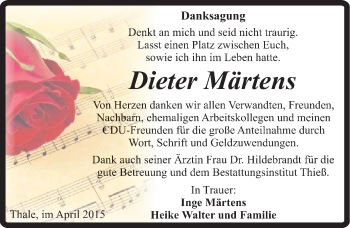 Traueranzeige von Dieter Märtens von Mitteldeutsche Zeitung Quedlinburg