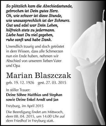 Traueranzeige von Marian Blaszczak von Mitteldeutsche Zeitung Naumburg/Nebra