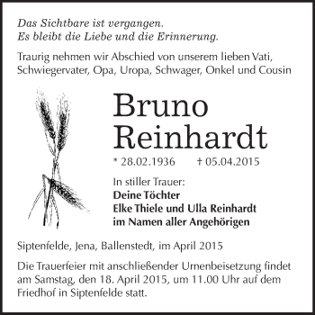 Traueranzeige von Bruno Reinhardt von WVG - Wochenspiegel Quedlinburg