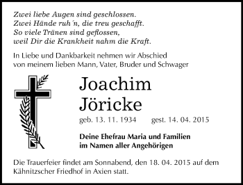 Traueranzeige von Joachim Jöricke von Mitteldeutsche Zeitung Wittenberg
