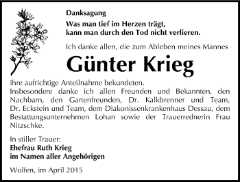 Traueranzeige von Günter Krieg von Mitteldeutsche Zeitung Bitterfeld