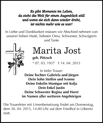 Traueranzeige von Marita Jost von Mitteldeutsche Zeitung Bitterfeld