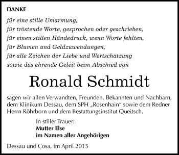 Traueranzeige von Ronald Schmidt von Mitteldeutsche Zeitung Köthen