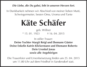 Traueranzeige von Käte Schäfer von WVG - Wochenspiegel Bitterfeld