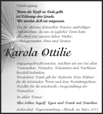 Traueranzeige von Karola Ottilie von WVG - Wochenspiegel SGH