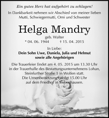 Traueranzeige von Helga Mandry von Mitteldeutsche Zeitung Bitterfeld