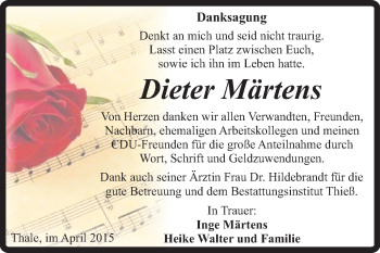 Traueranzeige von Dieter Märtens von Super Sonntag Quedlinburg