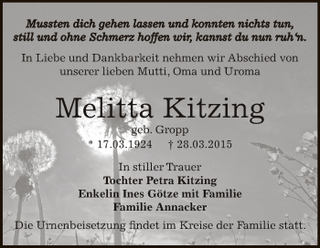 Traueranzeige von Melitta Kitzing von WVG - Wochenspiegel Dessau / Köthen