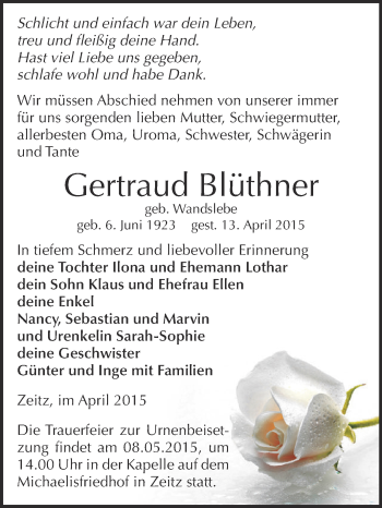 Traueranzeige von Gertraud Blüthner von Super Sonntag Zeitz