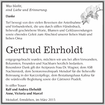 Traueranzeige von Gertrud Ehrholdt von WVG - Wochenspiegel Quedlinburg