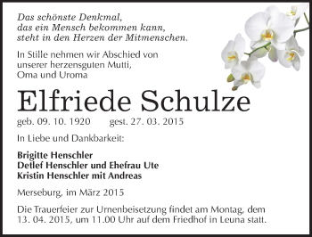 Traueranzeige von Elfriede Schulze von Mitteldeutsche Zeitung Merseburg/Querfurt