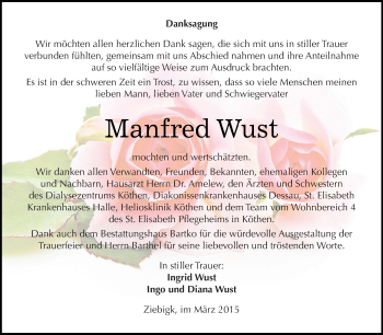 Traueranzeige von Manfred Wust von WVG - Wochenspiegel Dessau / Köthen