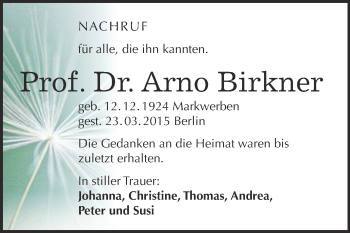 Traueranzeige von Arno Birkner von WVG - Wochenspiegel NMB / WSF / ZTZ
