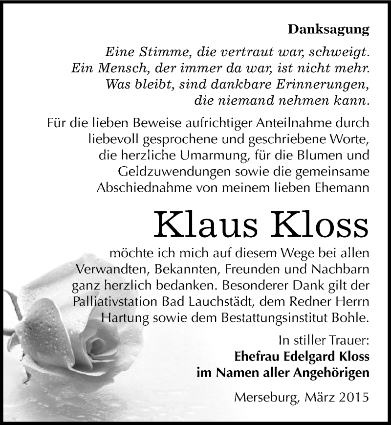  Traueranzeige für Klaus Kloss vom 04.04.2015 aus Mitteldeutsche Zeitung Merseburg/Querfurt