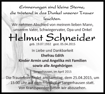 Traueranzeige von Helmut Schneider von Super Sonntag SGH Mansf. Land