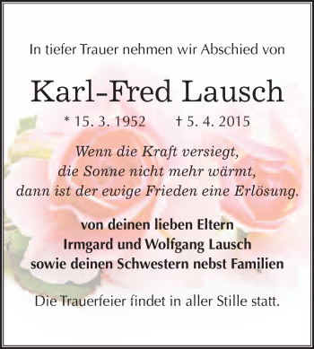 Traueranzeige von Karl-Fred Lausch von WVG - Wochenspiegel NMB / WSF / ZTZ