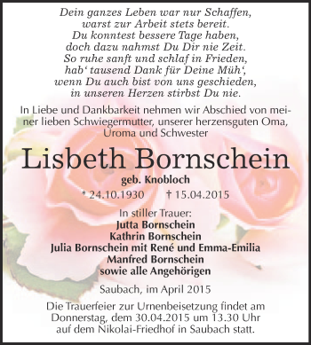 Traueranzeige von Lisbeth Bornschein von WVG - Wochenspiegel NMB / WSF / ZTZ