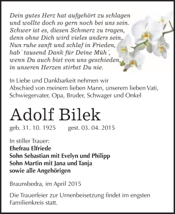 Traueranzeige von Adolf Bilek von WVG - Wochenspiegel Merseburg