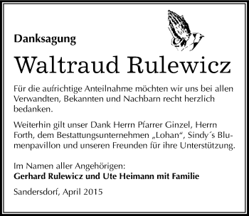 Traueranzeige von Waltraud Rulewicz von Mitteldeutsche Zeitung Bitterfeld