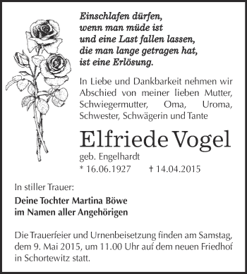 Traueranzeige von Elfriede Vogel von WVG - Wochenspiegel Dessau / Köthen