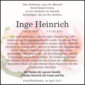 Traueranzeige von Inge Heinrich von WVG - Wochenspiegel NMB / WSF / ZTZ