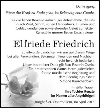 Traueranzeige von Elfriede Friedrich von Mitteldeutsche Zeitung Naumburg/Nebra