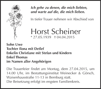 Traueranzeige von Horst Scheiner von Super Sonntag Bernburg