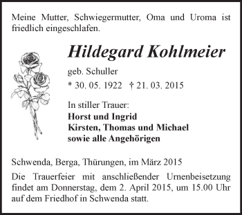 Traueranzeige von Hildegard Kohlmeier von WVG - Wochenspiegel SGH
